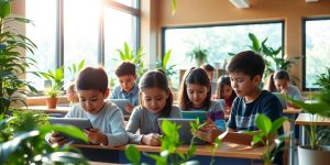 Elevă folosind un laptop într-o clasă verde.