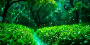 Peisaj digital vibrant cu elemente de tehnologie verde.