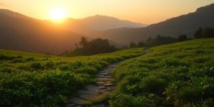 Peisaj liniștit cu un drum înverzit.