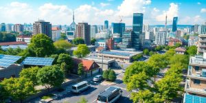 Peisaj urban cu spatii verzi si panouri solare.