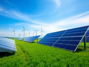 Panouri solare și turbine eoliene într-un peisaj verde.