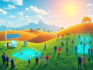 Peisaj digital vibrant cu energii regenerabile și colaborare tehnologică.