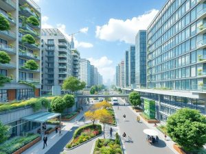 Peisaj urban cu soluții tehnologice și spații verzi.
