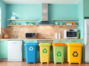 Bucătărie modernă cu electrocasnice inteligente și reciclare.