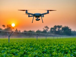 Câmp verde cu drone deasupra, irigații inteligente