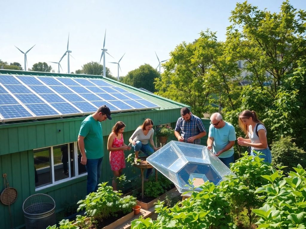 Oameni colaborând la proiecte sustenabile într-o comunitate verde.