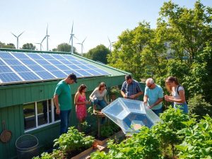 Oameni colaborând la proiecte sustenabile într-o comunitate verde.