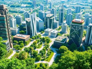Oraș verde cu clădiri moderne și natură integrată.