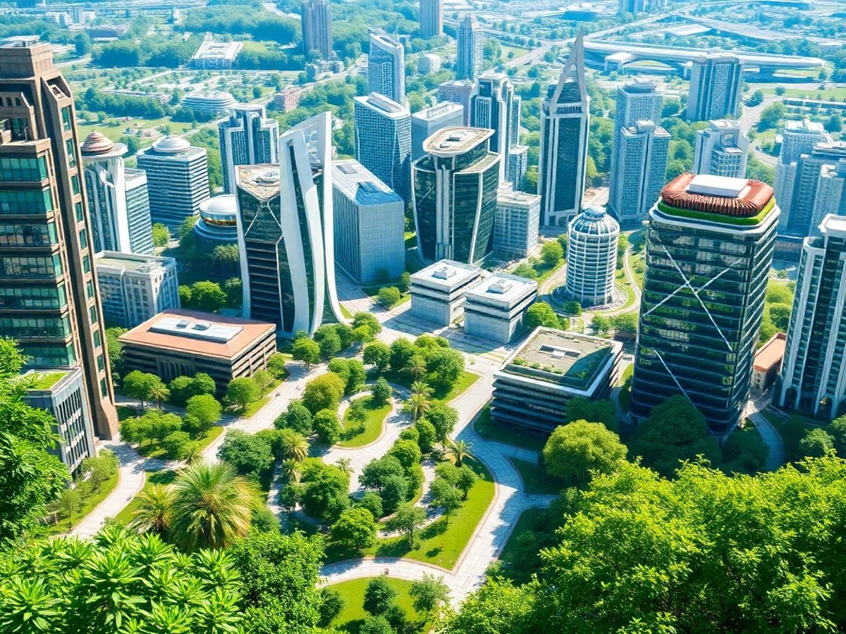 Oraș verde cu clădiri moderne și natură integrată.