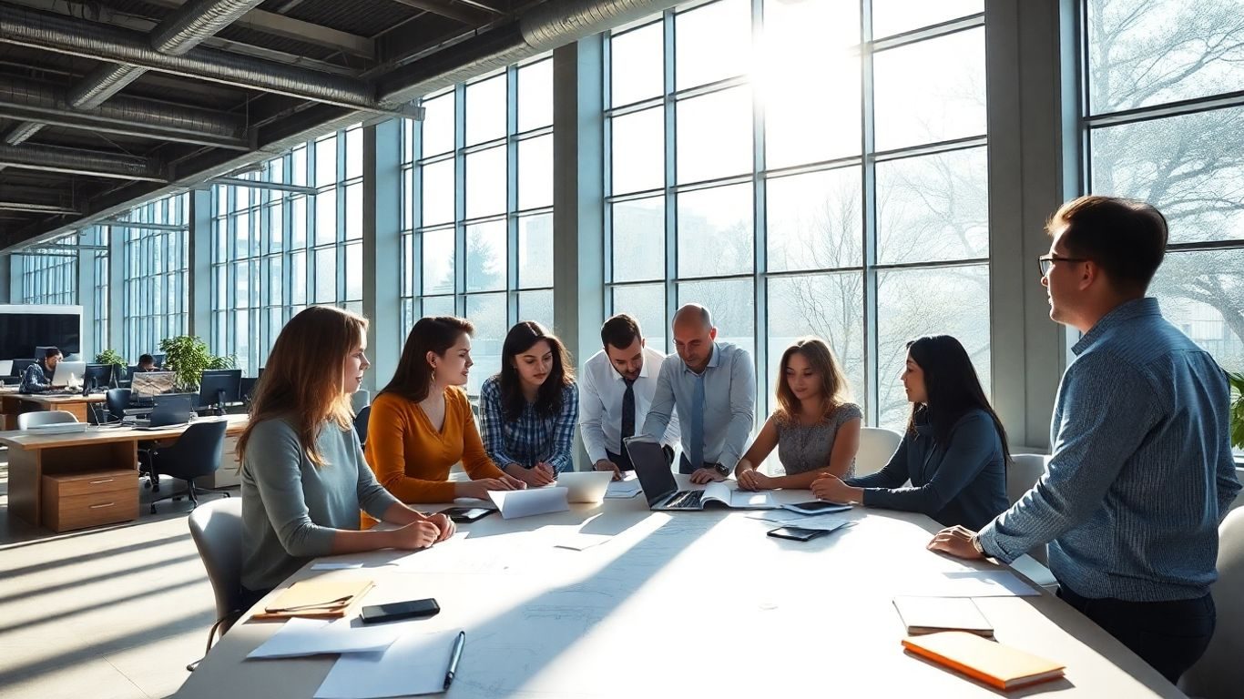 Echipă colaborând la un plan de schimbare inteligentă în companie.