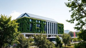 Primărie modernă cu panouri solare și autobuze electrice