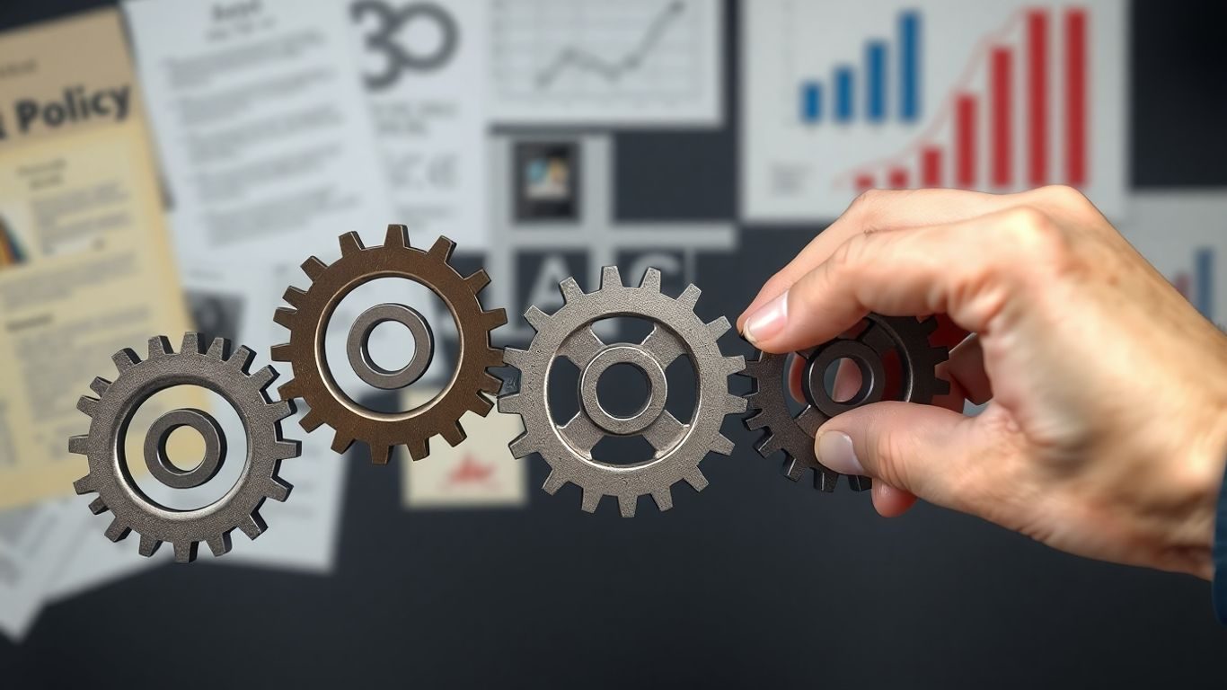 Mână ghidând angrenaje, simbolizând influența subtilă.